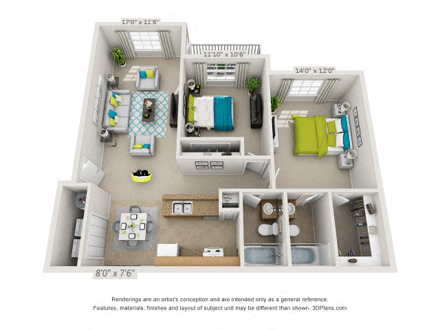 Floor plan for 2 beds, 2 baths, 1050 sqft